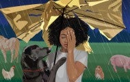 Illustration of sad woman under a broken umbrella in a rainstorm. A black dog tries to comfort her while animals endure the storm.