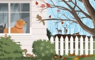 Illustration of a dog and cat looking out a window at backyard wildlife.