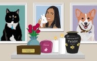 Illustration of pet photos on the wall, a floating shelf with pet urns, flowers, and candles.