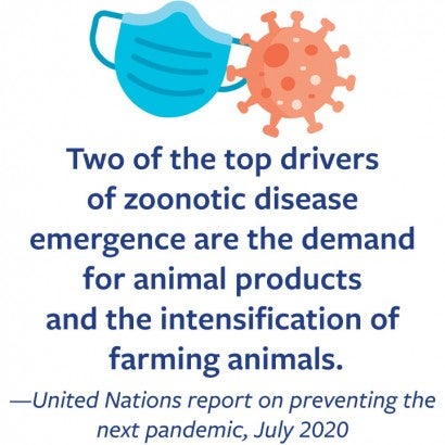 Two of the top drivers of zoonotic disease emergence are the demand for animal products and the intensification offarming animals.