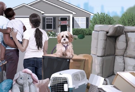 Illustration of a family with a dog in front of their house with eviction sign on it, surrounded by their belongings.