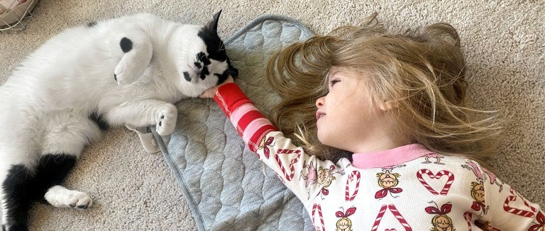 A young girl laying on the floor caresses her pet cat who contentedly leans into her hand